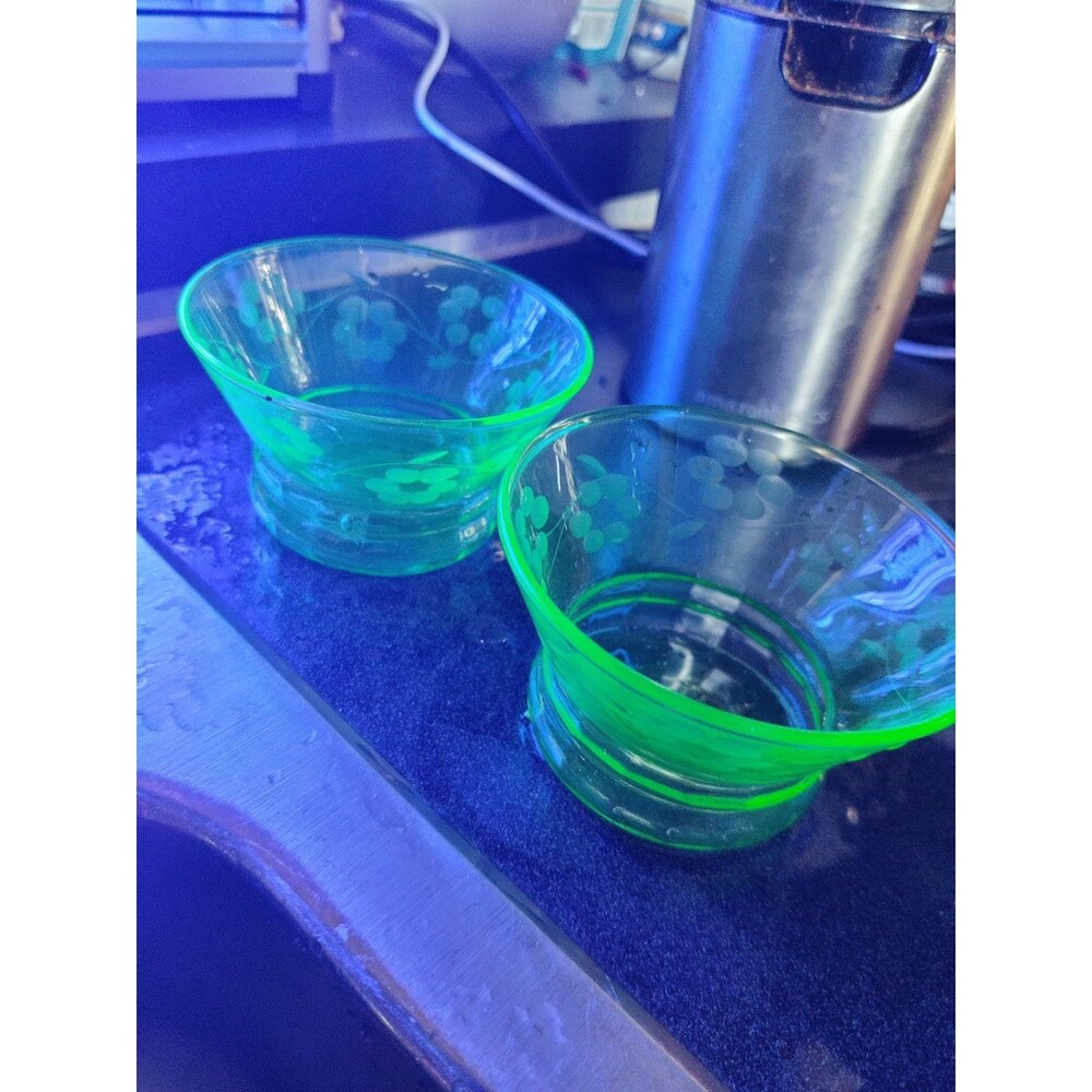 Set of 2 Green uranium glass sherbet Bowls with Floral Design